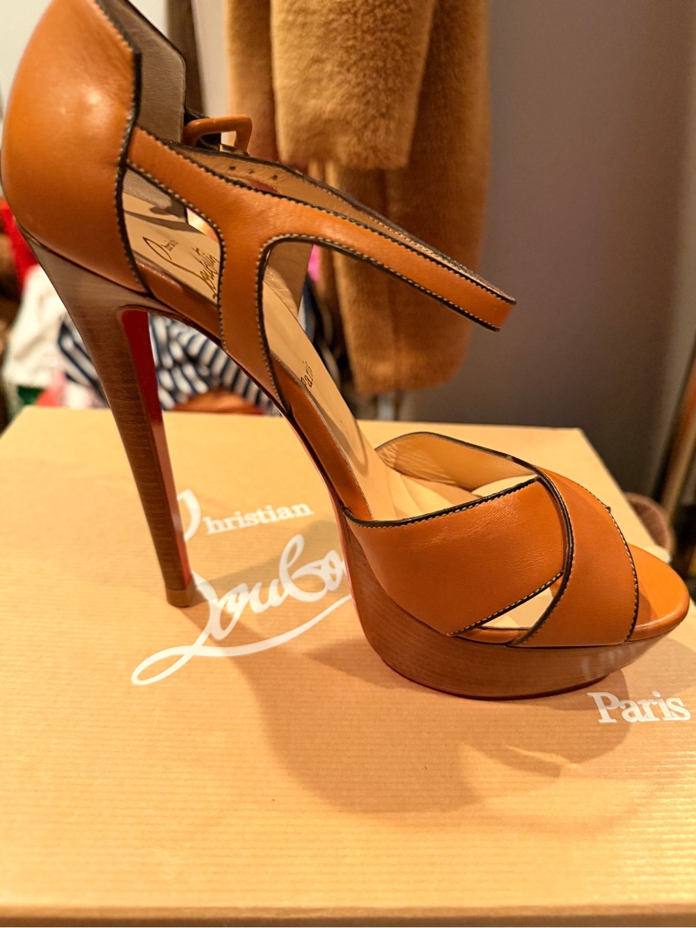Christian Louboutin Cognac Leather Platform Sandal with Red Sole 140mm